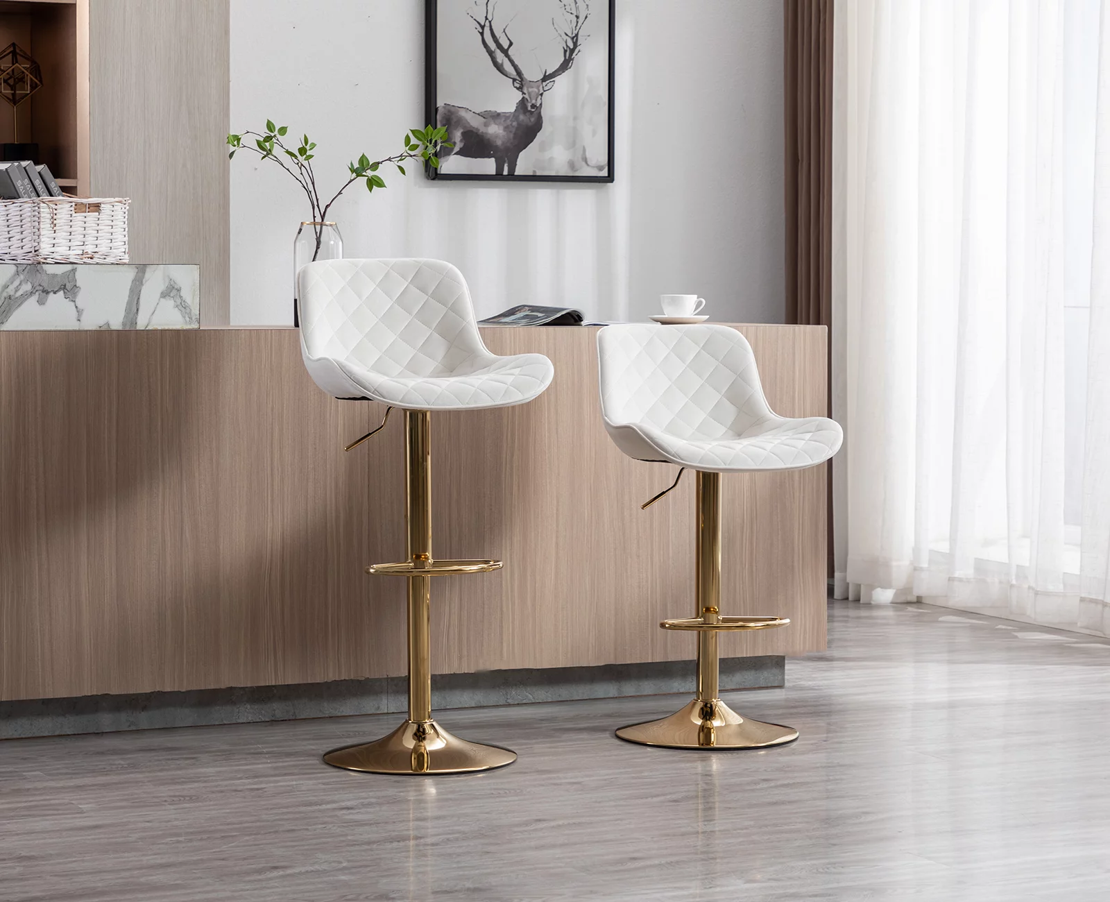 Guyou Modern Swivel Bar Stools Set of 2, Adjustable Velvet Counter Height Kitchen Bar Chairs with Footrest and back for Pub Kitchen Island Dining Room, Beige