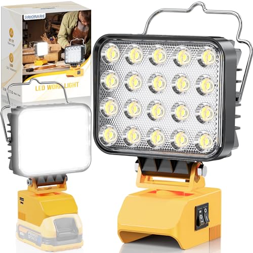 PRIORARE Cordless 20 LED Work Light for Dewalt 18/20V Battery, 54W 7600 Lumen Led Flood Light Outdoor 2 Brightness with USB-A&Type C Charging Port, Battery Protection Switch Rechargeable Work Lights