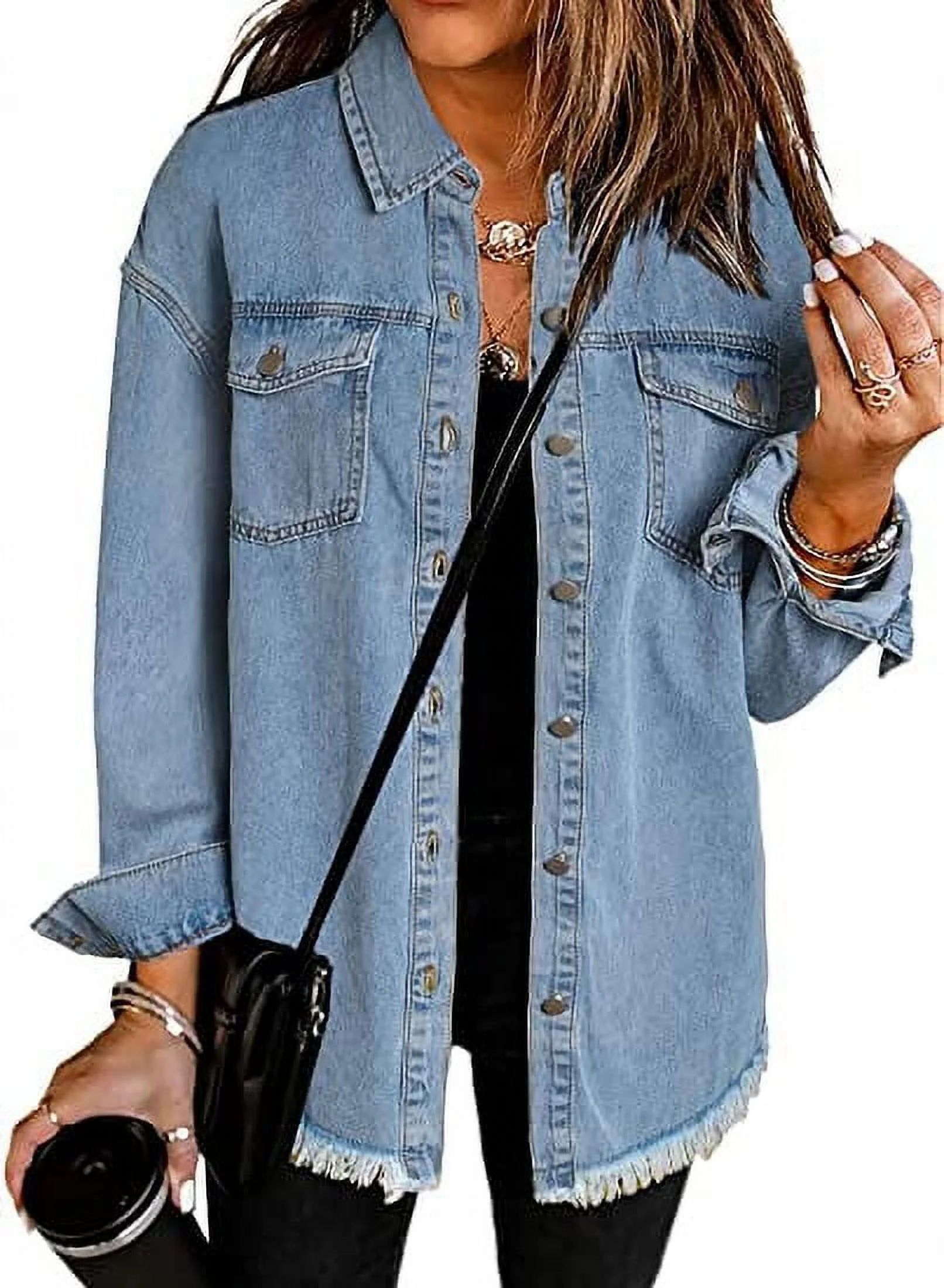 Eytino Denim Jackets for Women Plus Size Long Sleeve Loose Jean Jacket Coats Sky Blue L Female