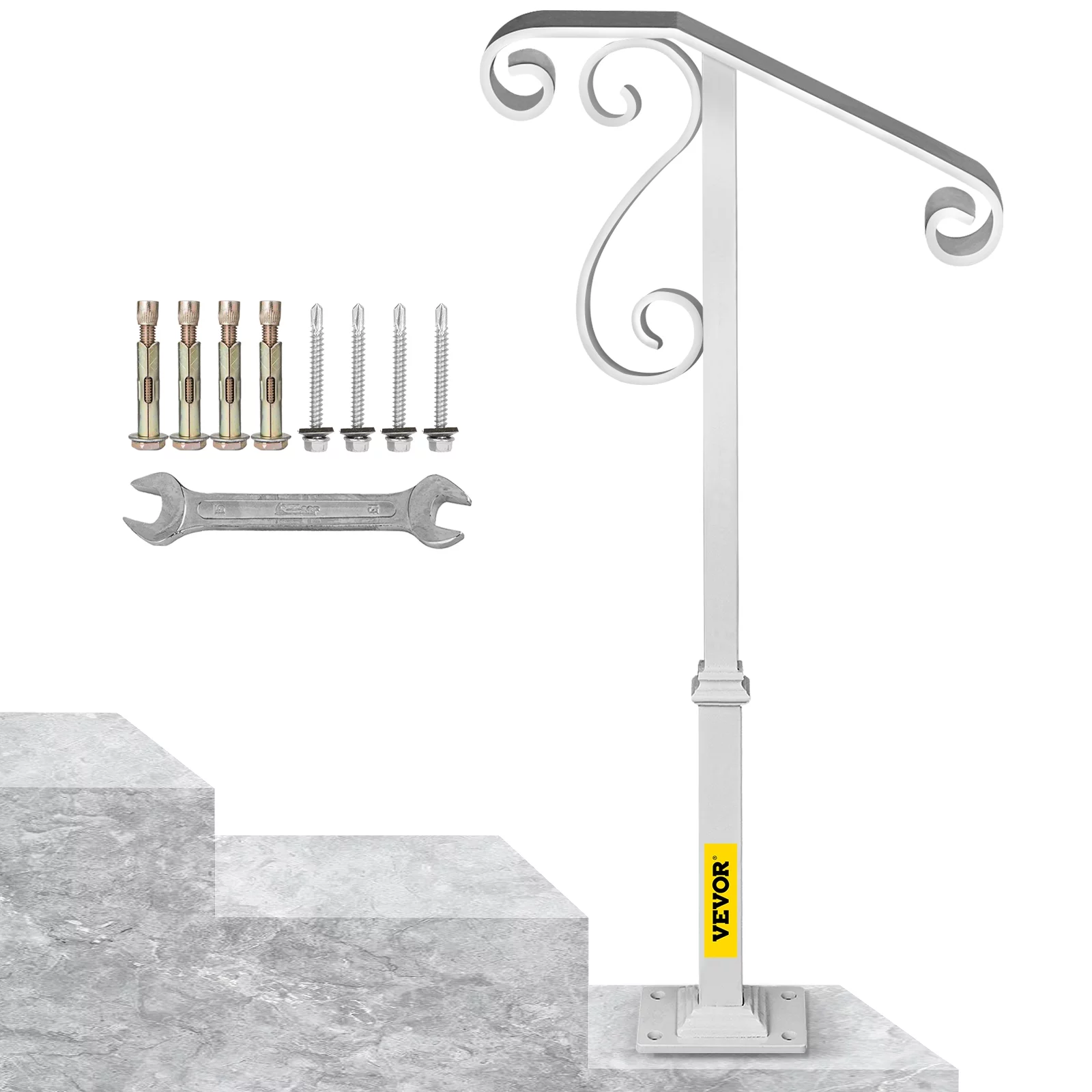 VEVOR Single Post Handrail Fits 1 or 2 Steps Wrought Iron Post Mount Step Grab Supports Single Post Railing with Base Plate, White
