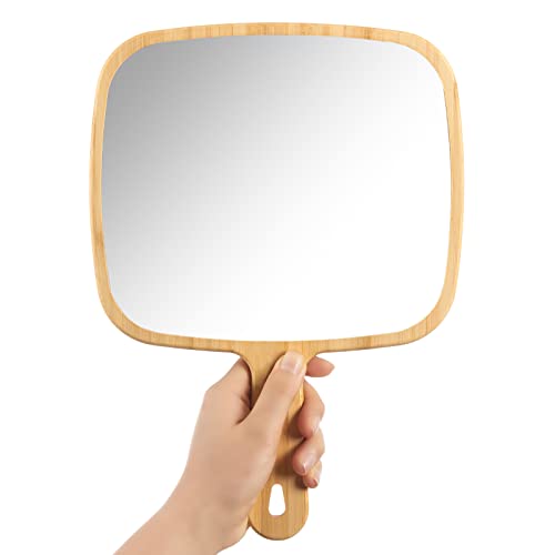 YEAKE Hand Mirror,Natural Bamboo Handheld Mirror with Handle, Single-Sided Portable Travel Vanity Mirror for Men & Women,6.9