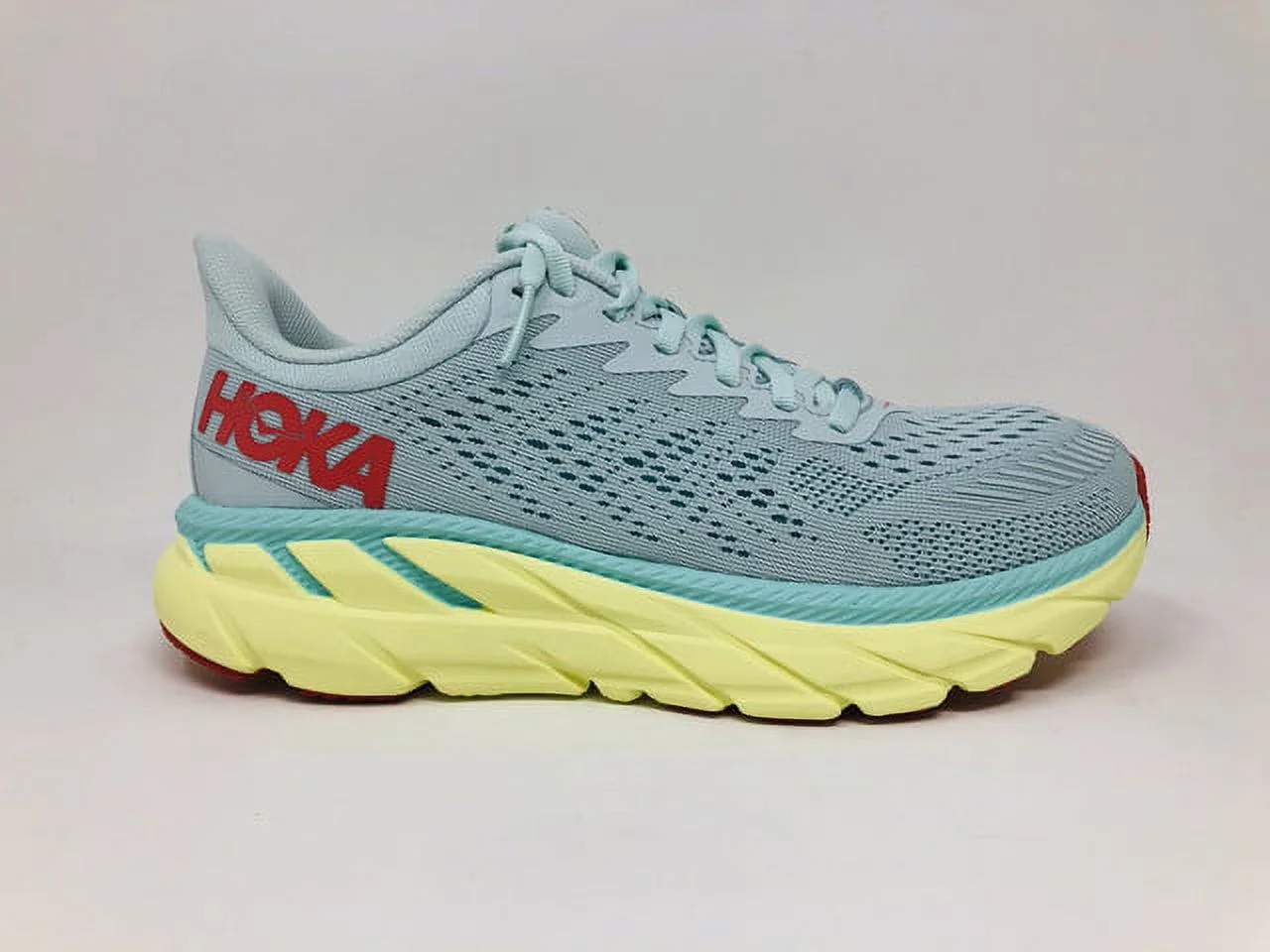 HOKA Women's Clifton 7 Running Shoes, Morning Mist/Hot Coral, 9.5 D(W) US