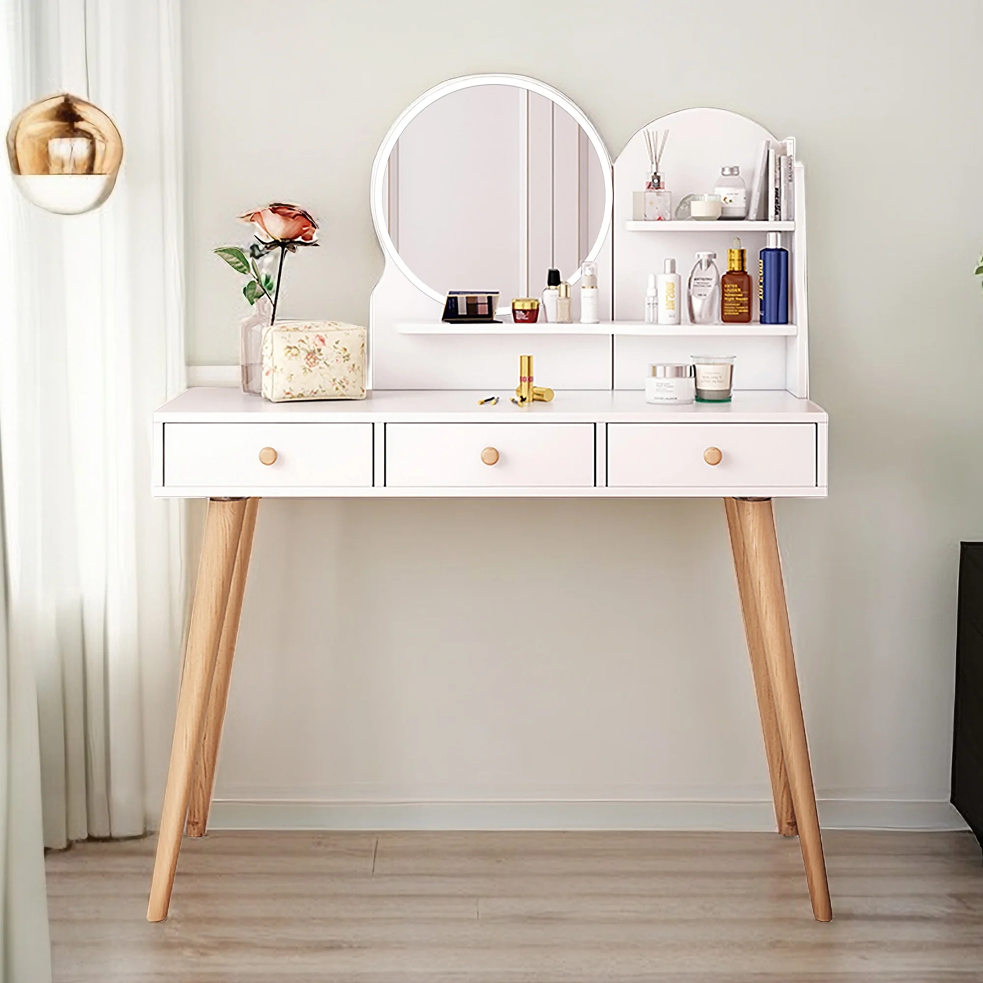 HSUNNS Vanity Desk with Lighted Mirror, 3 Drawers Makeup Dressing Desk with Storage Shelves, Makeup Vanity Table Desk with 3 Color Lights Mirror for Girls Women, Bedroom Vanities Set, White