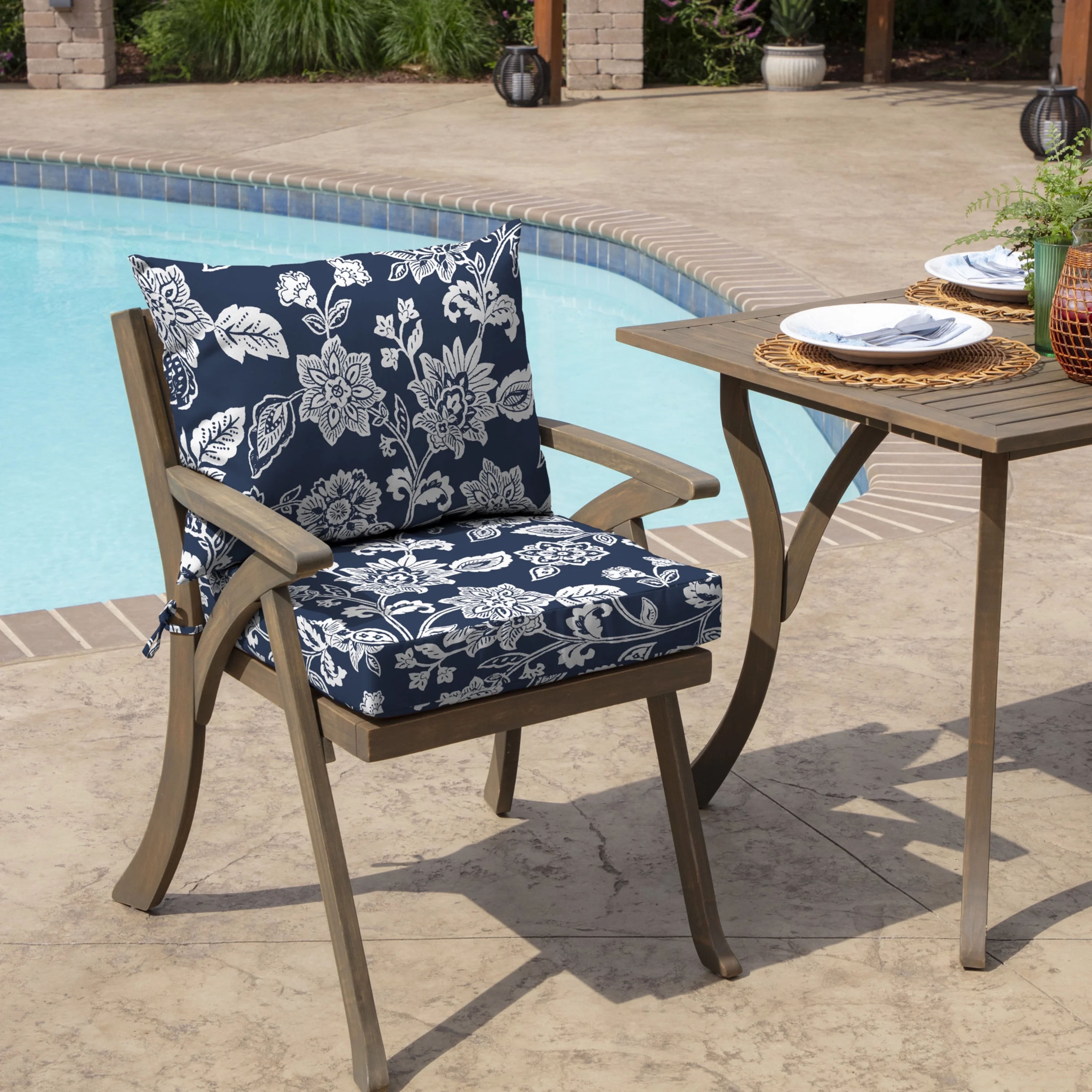 Arden Selections Outdoor Dining Chair Cushion Set 21 x 21, Sapphire Blue Ashland Jacobean