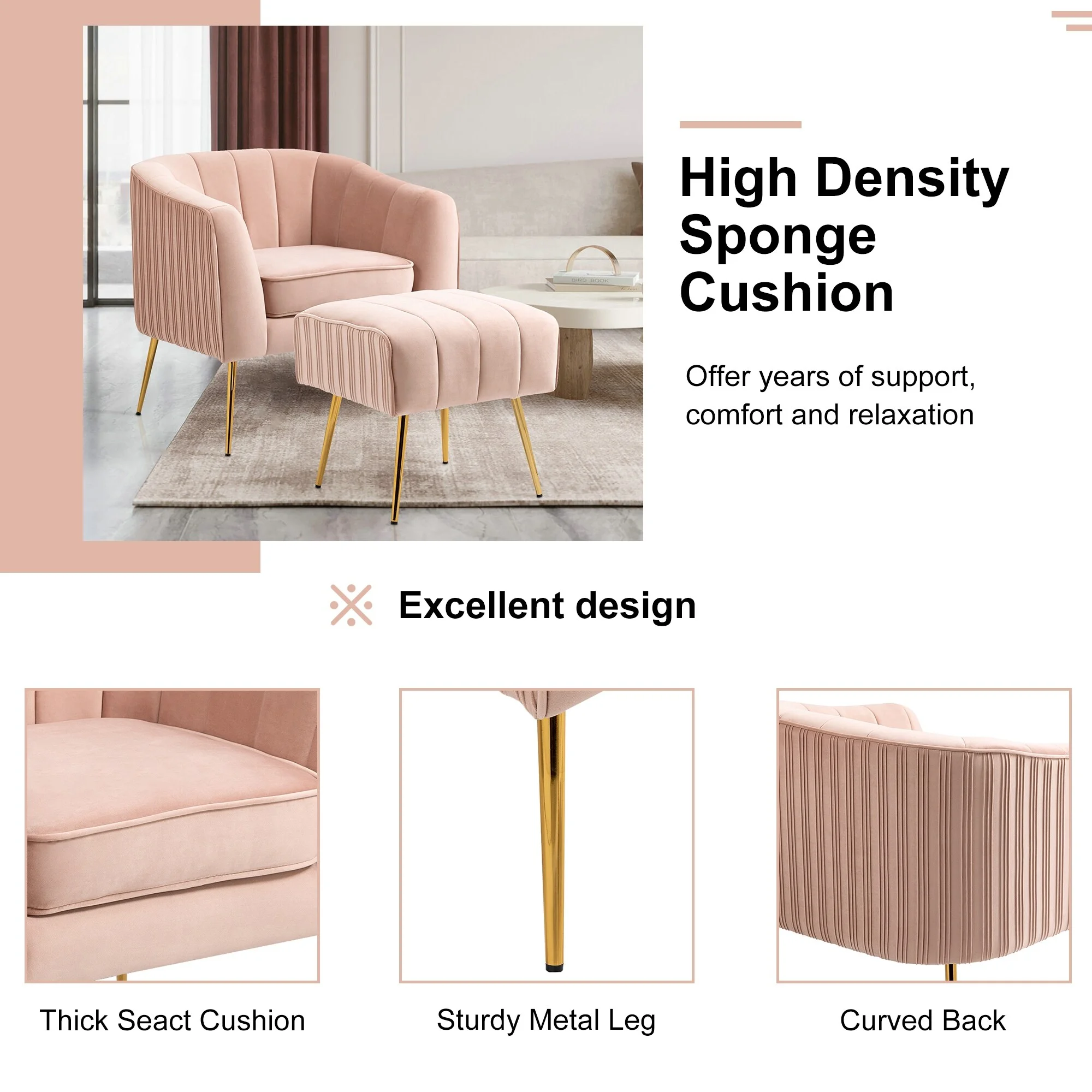 Jerry Velvet Armchair with Ottoman Set Accent Living Room Chair Pink