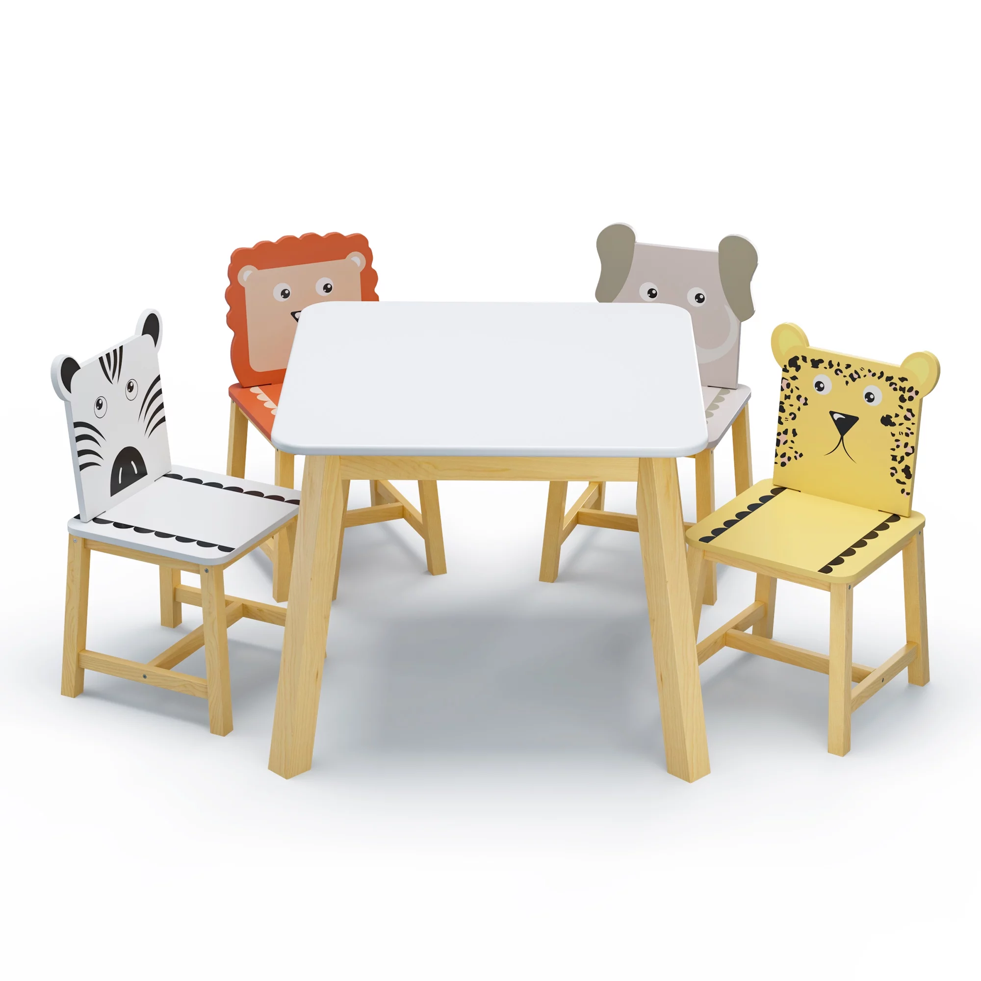 Seizeen Kids Table & Chair Set , 5 Pieces Cartoon Table with 4 Chairs Solid Wood Kids' Furniture Large Table and Animals Backrest, Kid's Room, Nursery Furniture Set