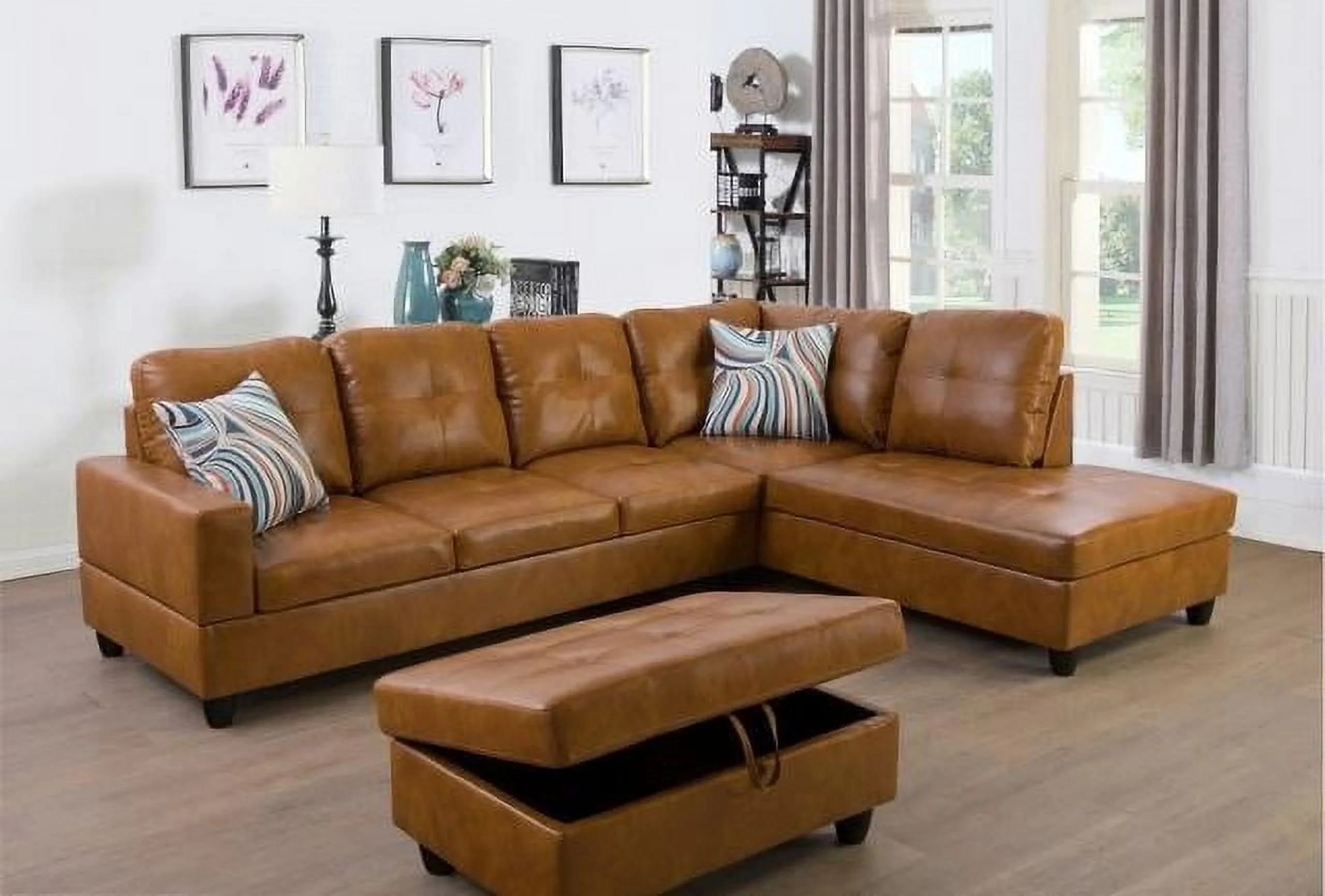 PonLiving Furniture Caramel 103.5'' Sectional Sofa with Storage Ottoman, Right & Left Hand Facing, Leather Upholstered