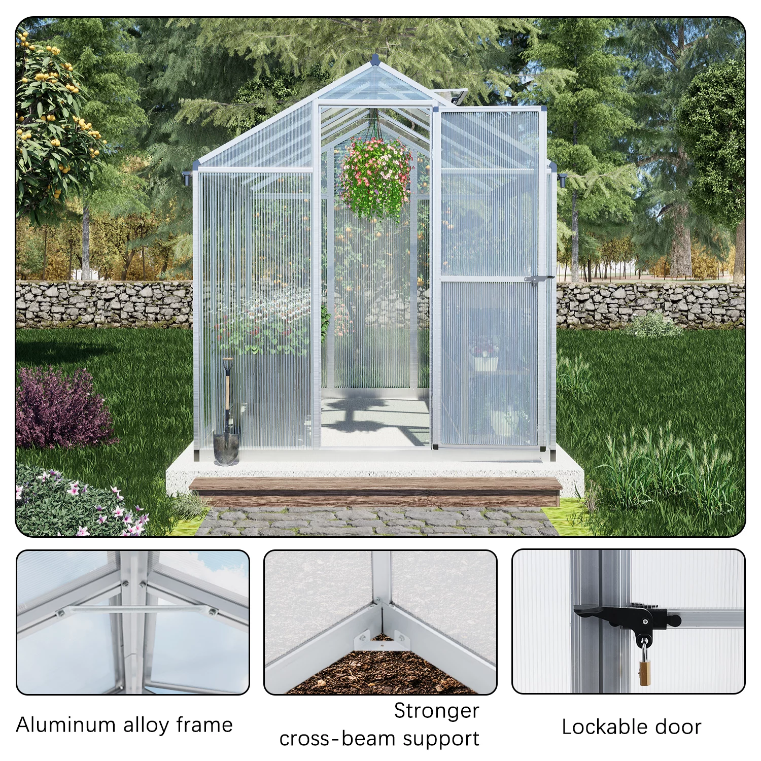 Aoodor 6' x 8' Walk-in Polycarbonate Greenhouse with Roof Vent and Door lock, Heavy Duty Aluminum Frame and Polycarbonate Panels, for Backyard Garden - White