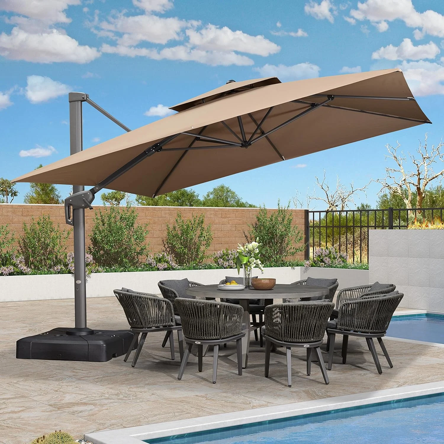 PURPLE LEAF 12FT Cantilever Outdoor Umbrellas Large Patio Umbrella Hanging Double Top Square Offset Umbrella with 360°Rotation Tilting Outdoor Patio, Taupe