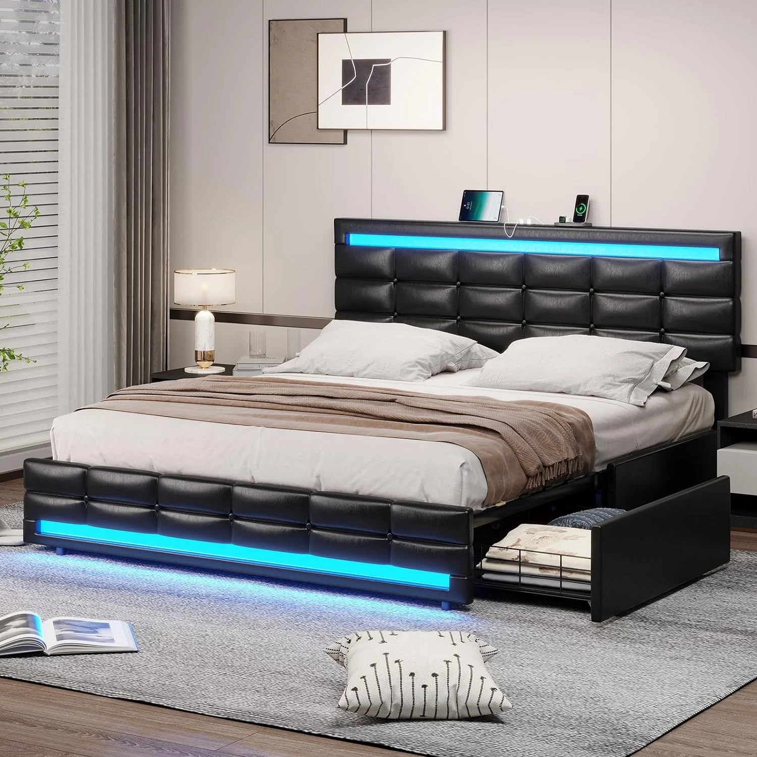 DICTAC Queen Size Upholstered Platform Bed Frame with Storage Drawers, 2 USB Potrs, LED Lights Headboard Footboard, No Box Spring Needed, Black