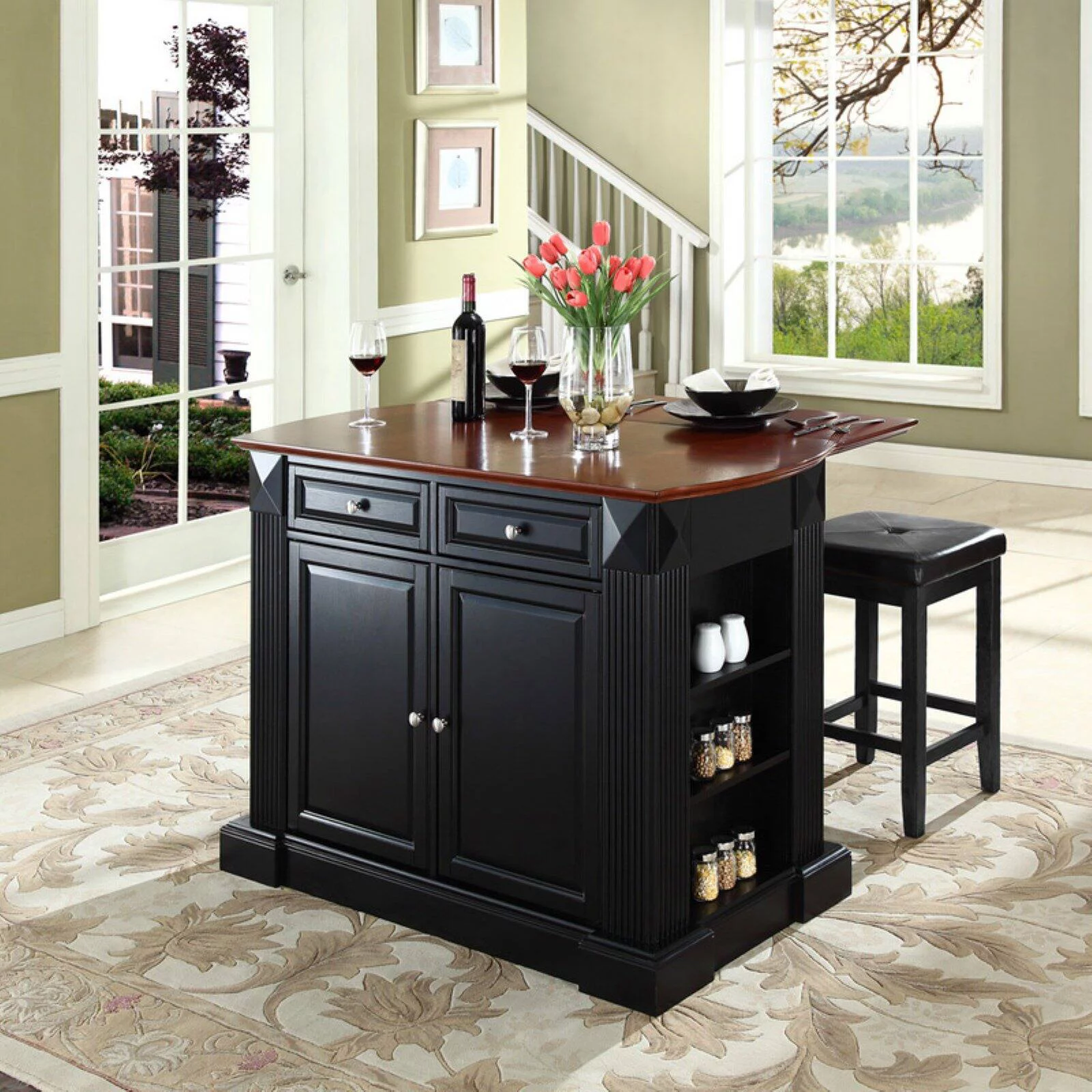 Crosley Drop Leaf Breakfast Bar Top Kitchen Island with 24 in. Upholstered Square Seat Stools