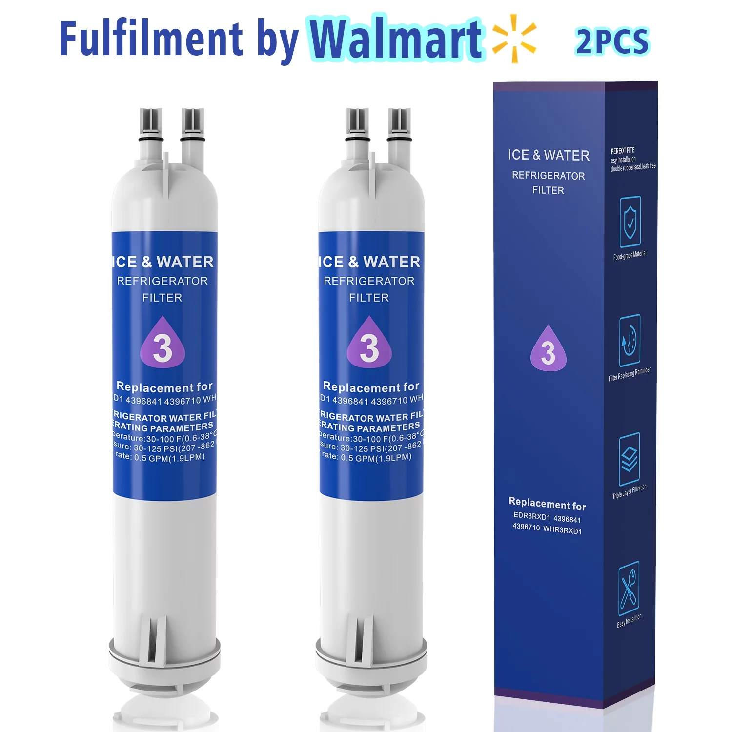 EDR3RXD1 Water Filter 3 Compatible with Ice and Water Refrigerator Filter 4396841 4396710 4396710P 4396841P 9030 9083 46-9083 46-9030 P1RFWB2 P1WB2 P1WB2L T1RFKB1, 2-Pack