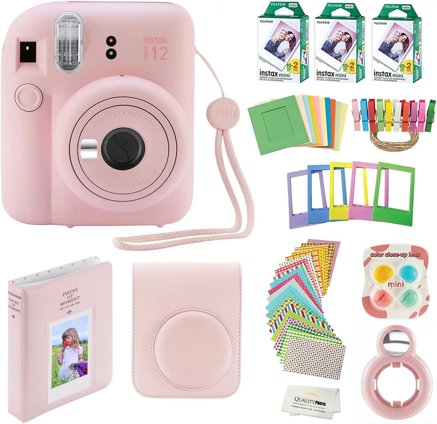 Fujifilm Instax Mini 12 Instant Camera with Case, 60 Fuji Films, Decoration Stickers, Frames, Photo Album and More Accessory kit (Blush Pink)
