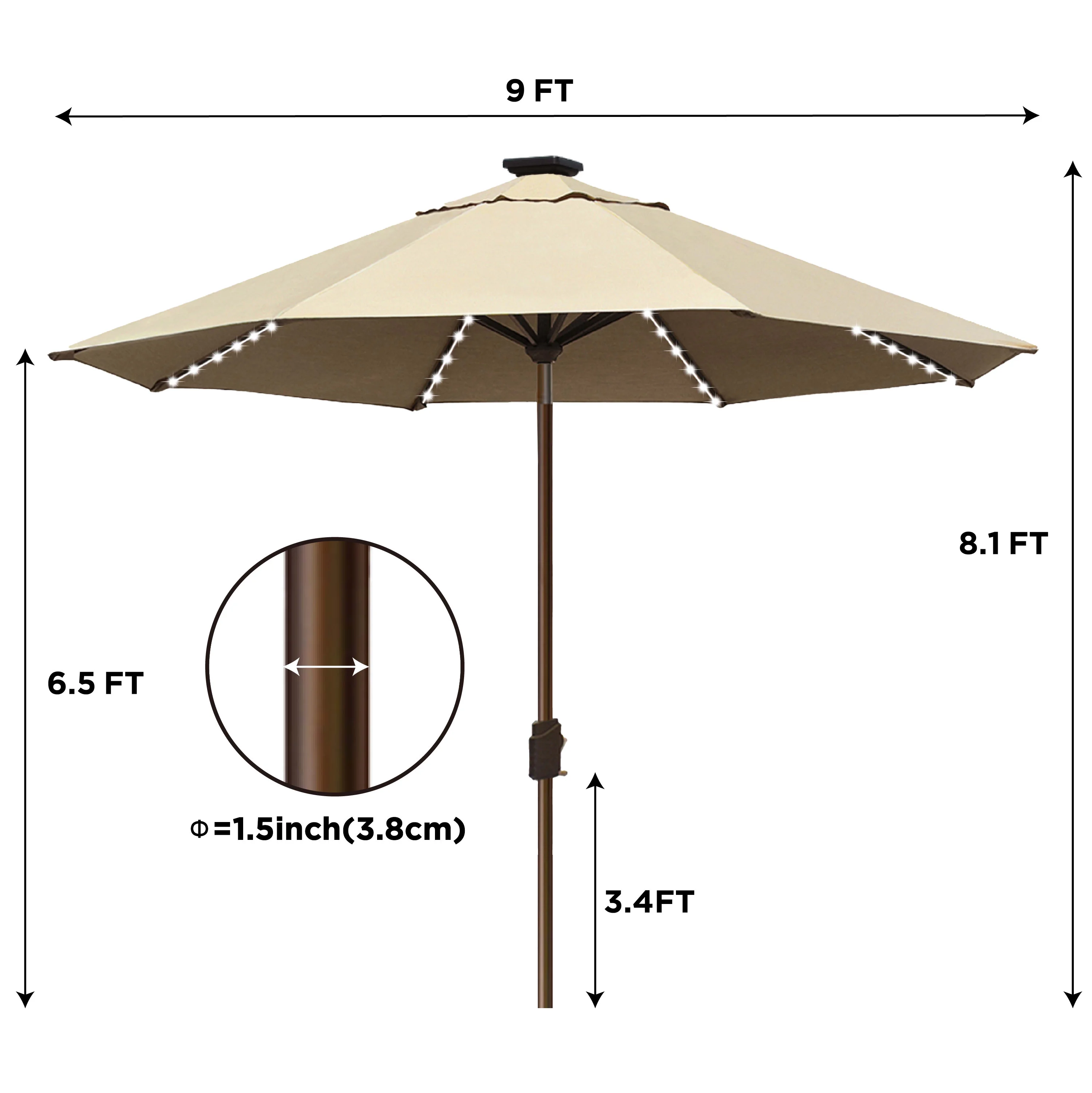 EliteShade Sunbrella Solar Umbrellas 9ft Market Umbrella with 80 LED Lights Patio Umbrellas Outdoor Table Umbrella with Ventilation and 5 Years Non-Fading Top,Sandy
