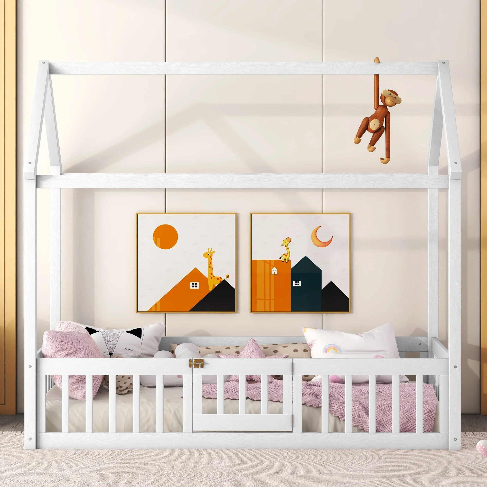 Montessori Bed/Twin House Floor Bed for Toddlers, Kids Girls, Boys,Montessori Floor Bed with Rails and Door,Toddler House Bed(White)