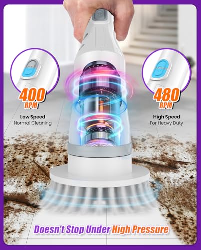 Electric Spin Scrubber, Cordless Shower Scrubber Rotary Floor Brushes & Pad Drivers with 6 Brush Heads - 2H Dual Speed, IPX7 Waterproof Extension Handle for Bathroom Tile Car Cleaning