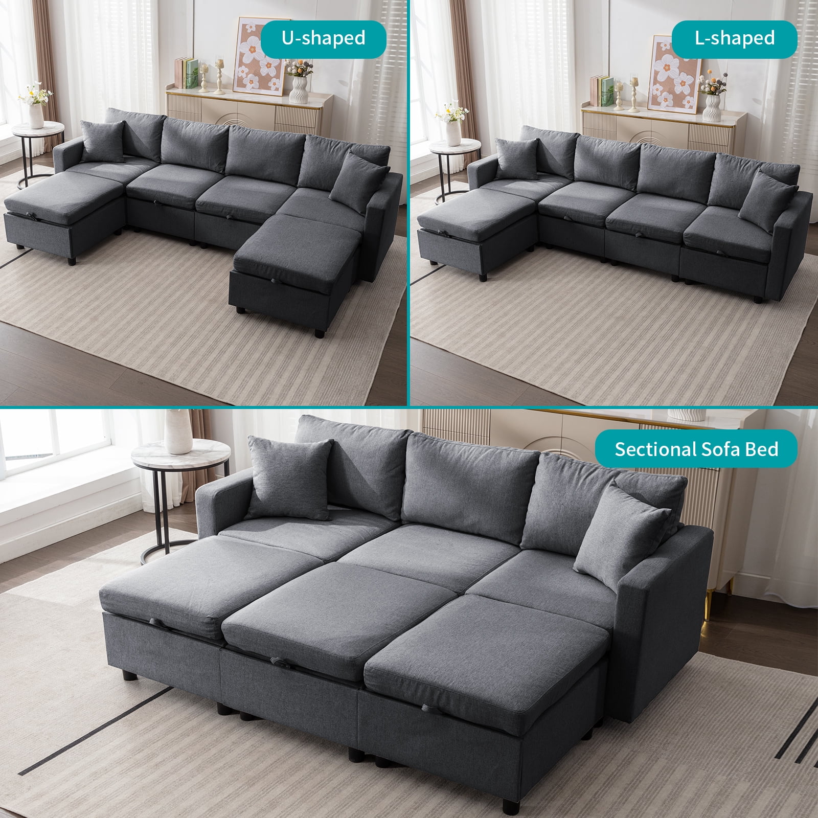 MUZZ 6-Seater Convertible Modular Sectional Sofa with Storage Ottoman for Living Room(Dark Gray)