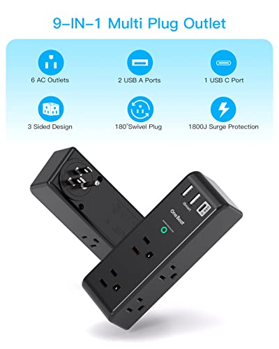 Surge Protector Outlet Extender - with Rotating Plug, 6 AC Multi Plug Outlet with 3 USB Ports (1 USB C), 1800J Wall Charger, 3-Sided Power Strip with Spaced Outlet Splitter for Home, Office, Travel