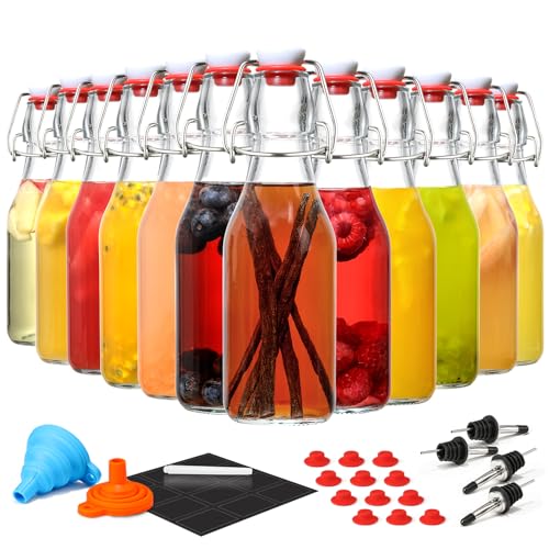 AOZITA 8-Pack 8.5oz Flip Top Glass Bottles, Swing Top Beer Brewing Bottle for 2nd Fermentation, Kombucha, Kefir, Vanilla Extract, Coquito, Juice, Tea - Airtight Stopper Cap Lid, Bonus 2 Bottle Pourers