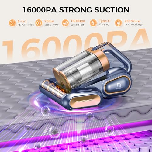 Mattress Vacuum Cleaner, 16KPa Cordless Strong Suction Bed Vacuum with Uv and Ultrasonic, Dual Dust Bins and Washable Filters Effectively Cleans Dust, Pet Hair, Etc