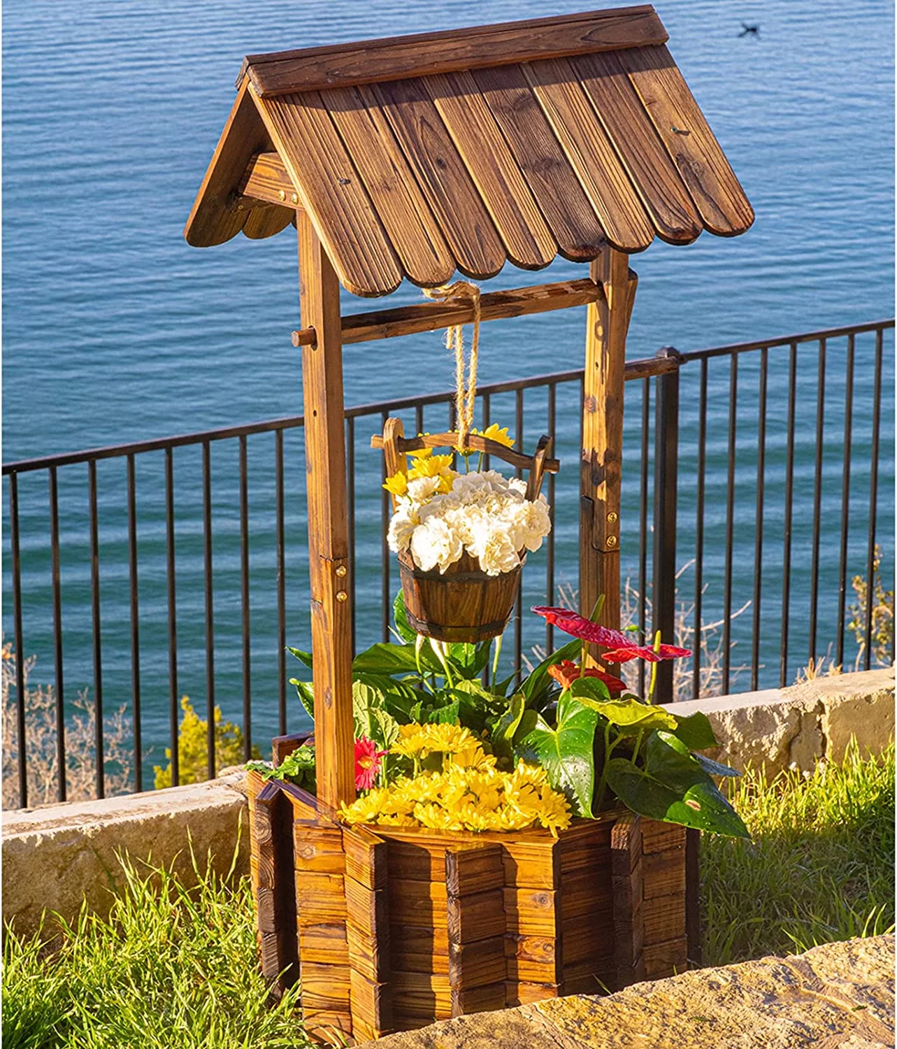 AMERLIFE Wooden Wishing Well - Height Adjustable Hanging Bucket, Planter with 4 Reinforced Rod