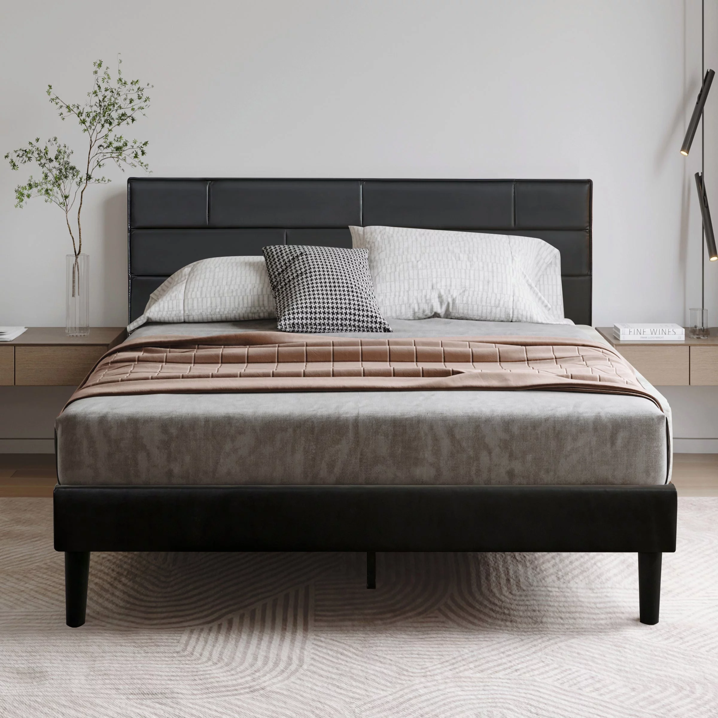 CHUN YI Queen Platform Bed Frame with Removable Faux Leather Upholstered Headboard, Wood Slats Support, No Box Spring Needed