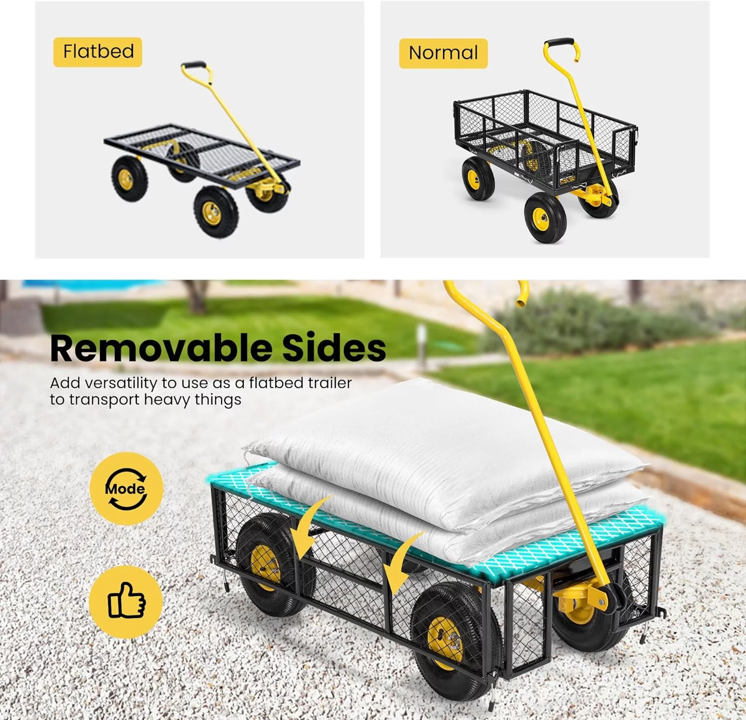 SPECSTAR Mesh Steel Garden Cart with Removable Sides and 4.10/3.50-4 inch Wheels, 550 Lbs Capacity (Black)