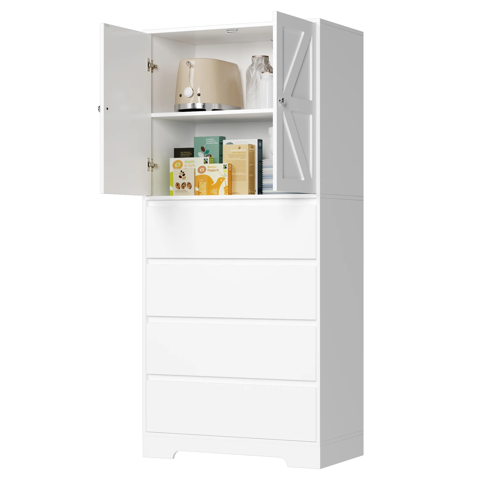 Homfa 64.2'' Tall Farmhouse Kitchen Pantry Storage Cabinet, 4 Drawer Wood Freestanding Storage Cabinet for Home Office Small Spaces, White