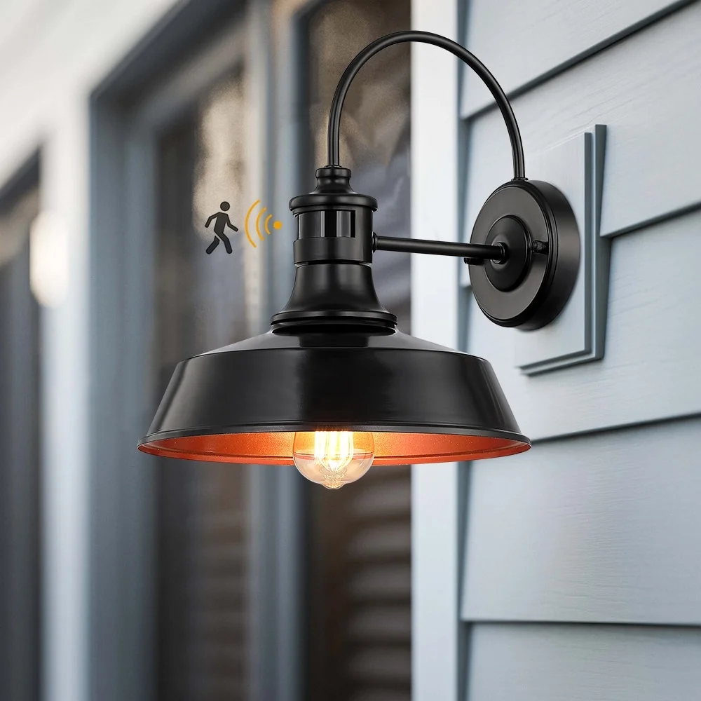 TRUE FINE 1-Light Black Motion Sensor Outdoor Wall Sconce Barn Light - 12-in W