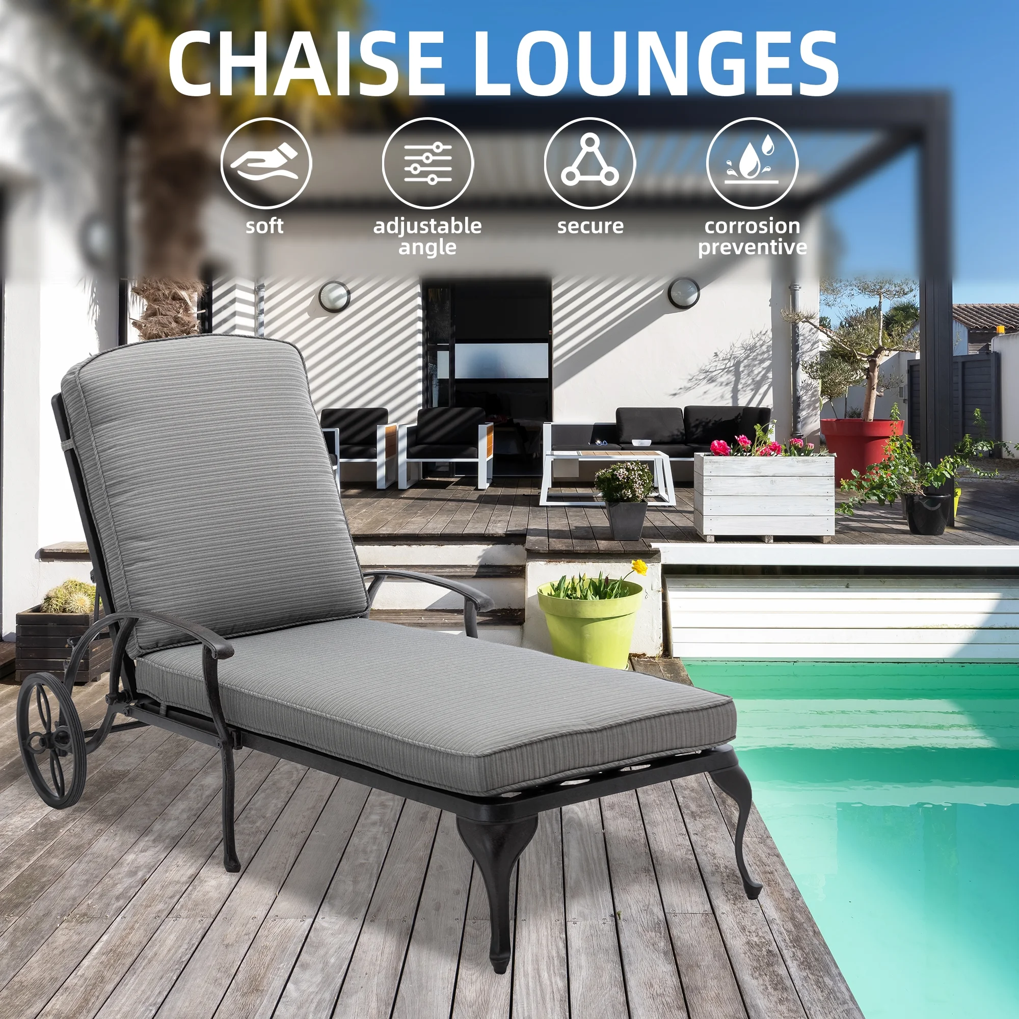 Villeston Outdoor Chaise Lounge Chair,Cast Aluminum Waterproof Lounger with Wheels and Adjustable Reclining,Gray Cushion