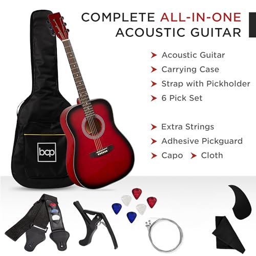 Best Choice Products 41in Full Size Beginner All Wood Acoustic Guitar Starter Set w/Case, Strap, Capo, Strings, Picks - Natural