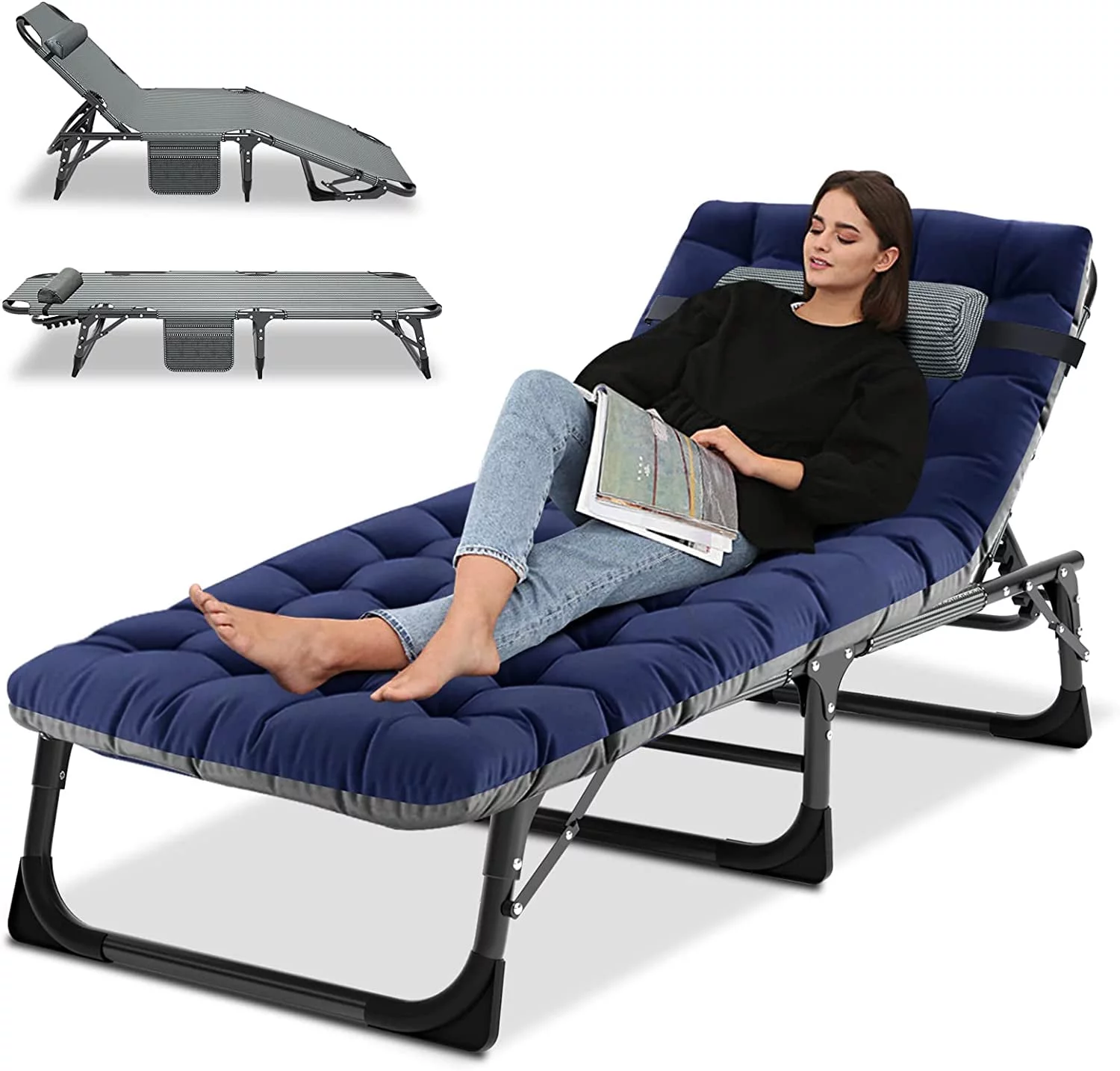 Slsy 4-Fold Folding Camping Cot with 2 Sided Mattress & Pillow, Adjustable 4-Position Folding Lounge Chair, Portable Sleeping Cots Bed