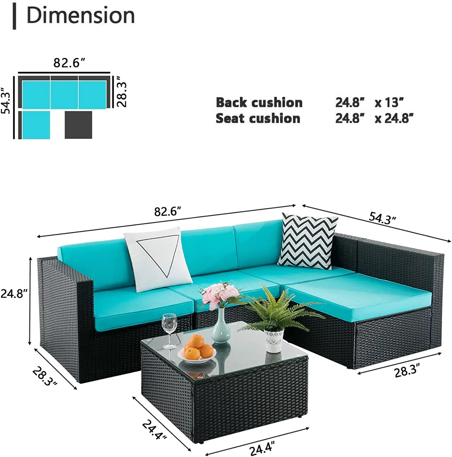 Waleaf 5 Pieces Outdoor Furniture Rattan Sectional Patio Sofa, Outdoor Indoor Backyard Porch Garden Poolside Balcony Wicker Conversation Set with Table