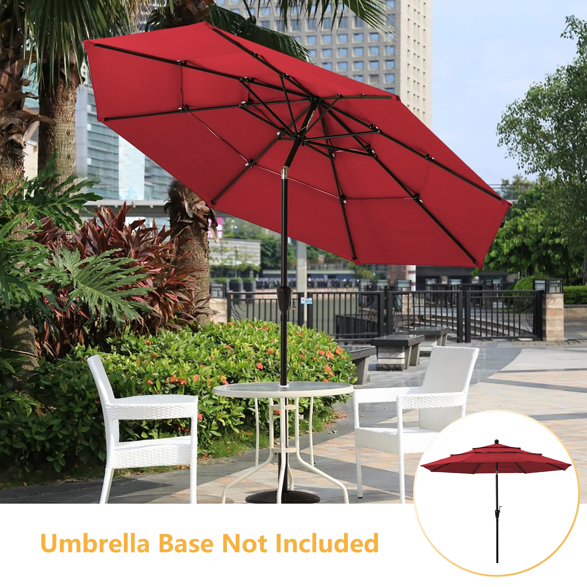 10 Ft 3 Tier Patio Umbrella, Outdoor Umbrella Double Vented, Market Table Tilt Umbrella with Crank, Outdoor Aluminum Umbrella for Market