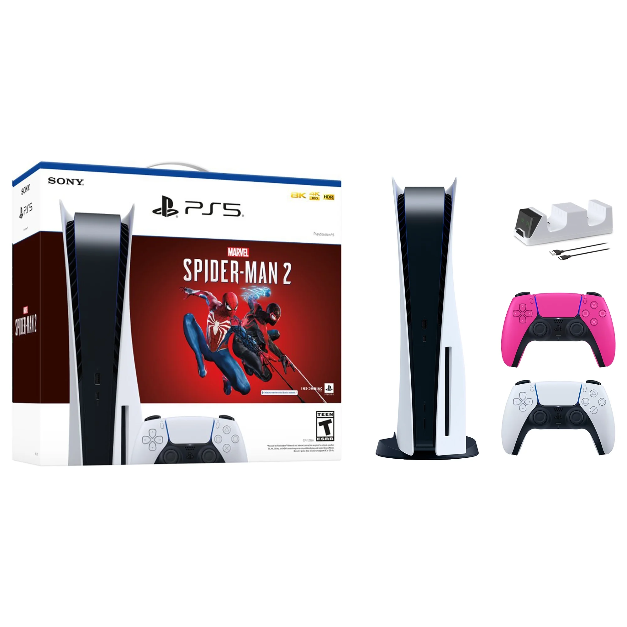 PlayStation 5 Disc Edition Marvel's Spider-Man 2 Bundle with Two Controllers White and Nova Pink DualSense and Mytrix Dual Controller Charger - PS5 Gaming Console