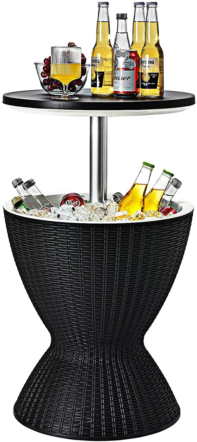 3-in-1 Cool Bar Table with 8 Gallon Beer & Wine Cooler, Rattan Style Patio Bar Tables, Height Adjustable Ice Cooler with Drainage Plug, Outdoor Cocktail Table for Deck Pool Party, Black