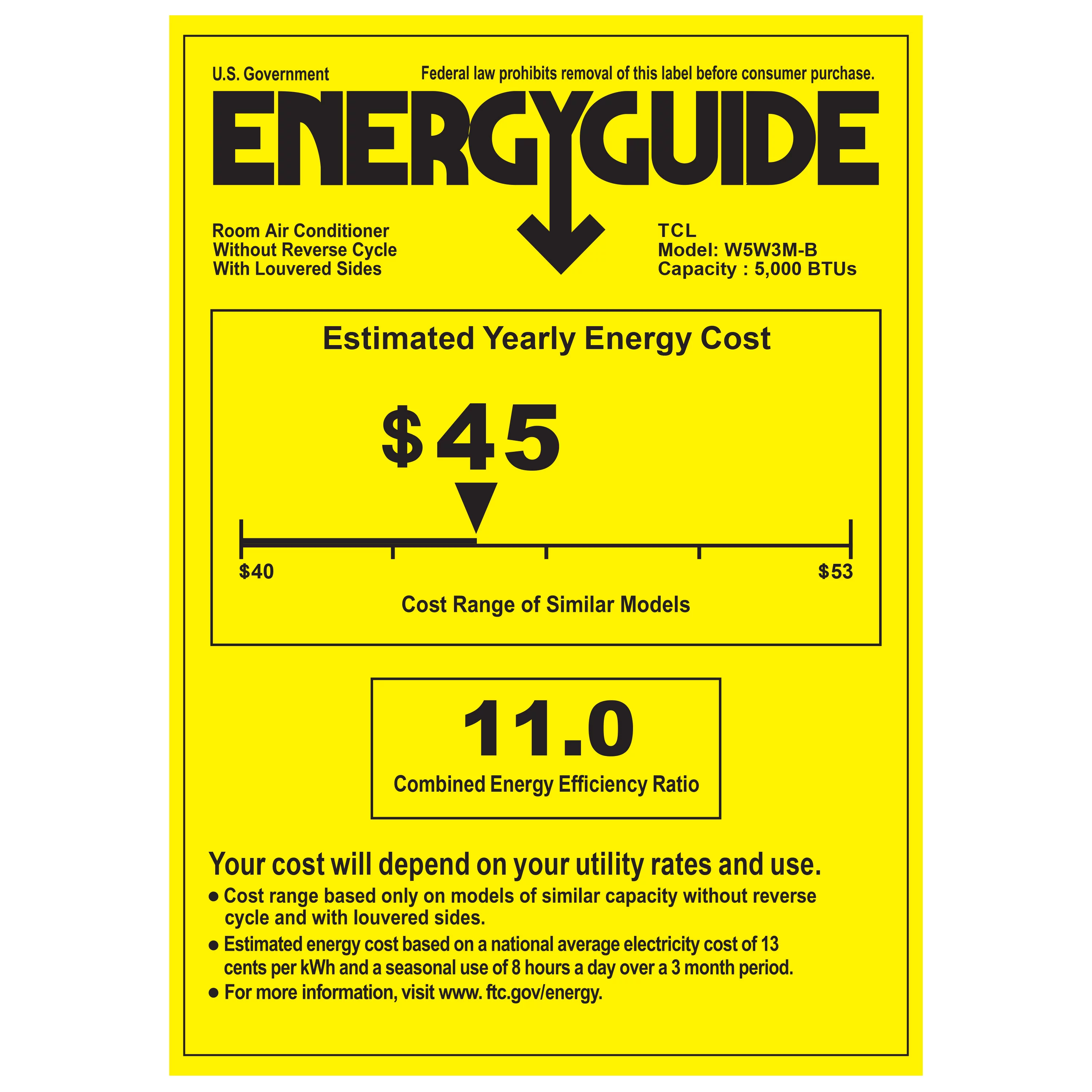 TCL 5,000 BTU Window Air Conditioner, 150 sq. ft., LED Display, Included Remote, Black, W5W3M-B