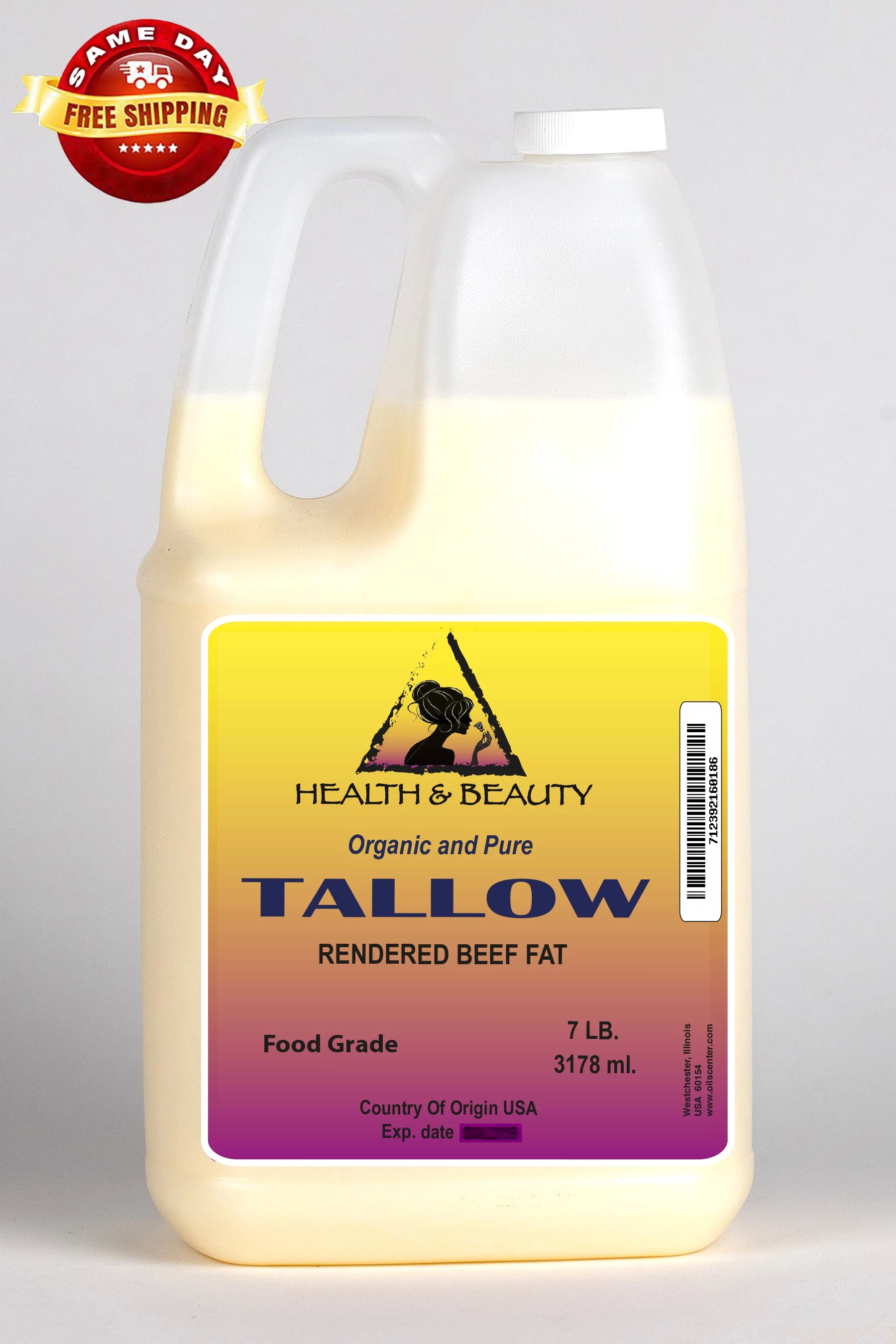 TALLOW ORGANIC GRASS-FED RENDERED BEEF FAT 100% PURE 7 LB