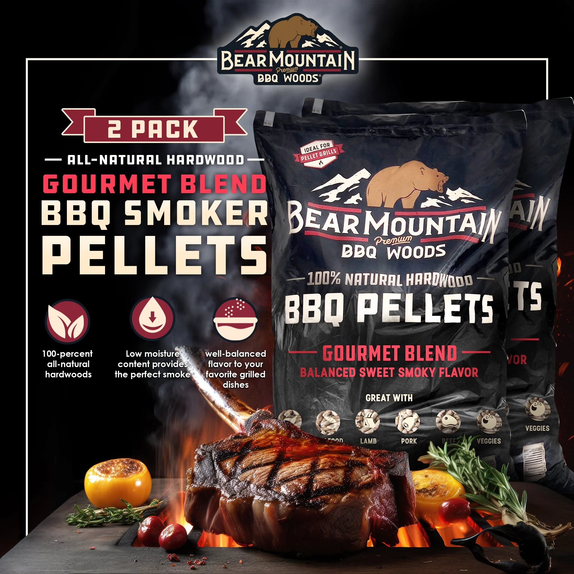 Bear Mountain BBQ Hardwood Gourmet Blend Smoker Pellets, 20 Pounds (2 Pack)