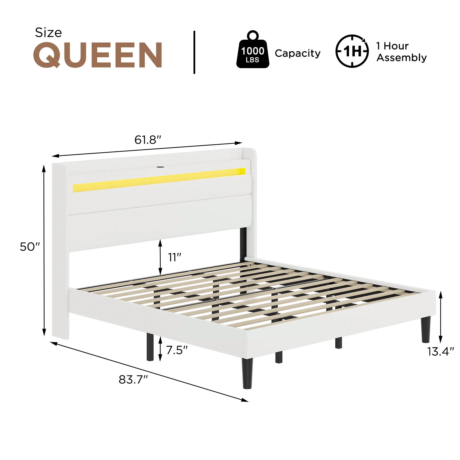 LUXOAK Queen Size Bed Frame with RGBW LED Light & Charging Station, 50