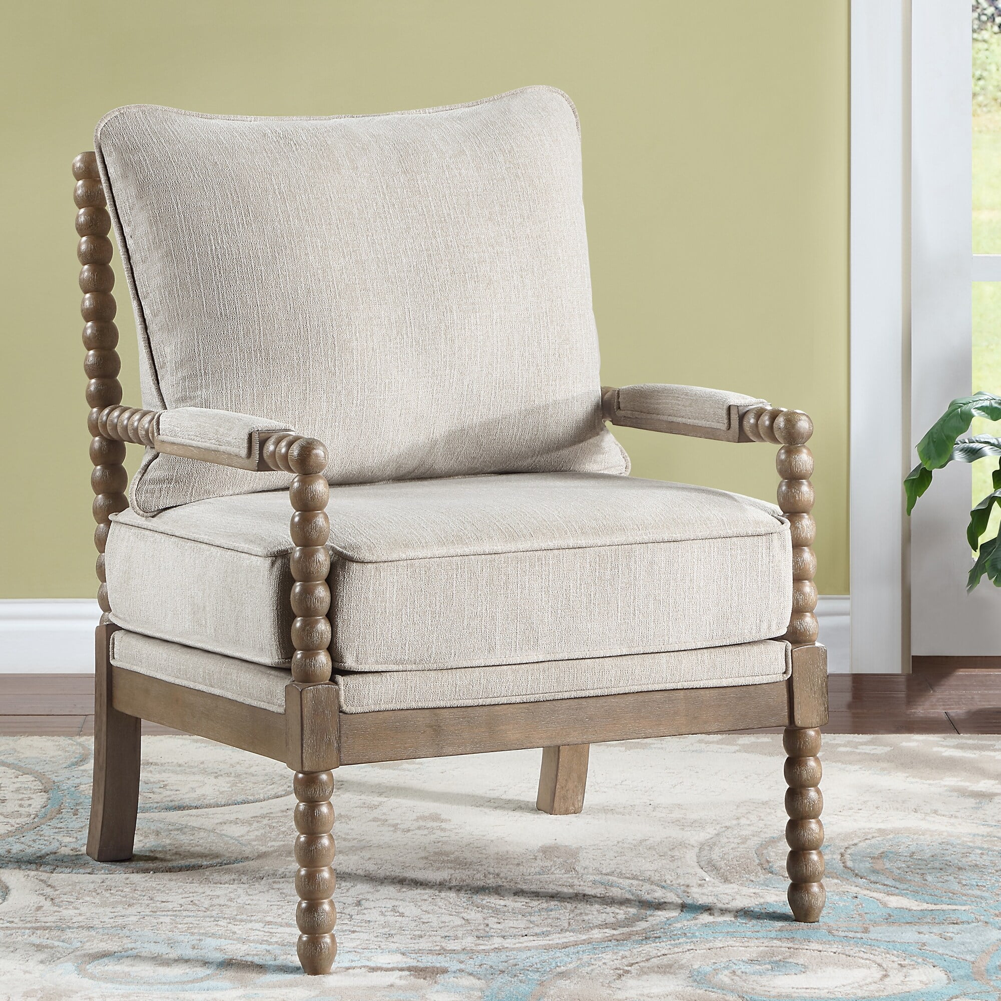Linen Fabric,Chenille Spindle Accent Chair Set with Gourd-Shaped Wood Frame Brown+Cream