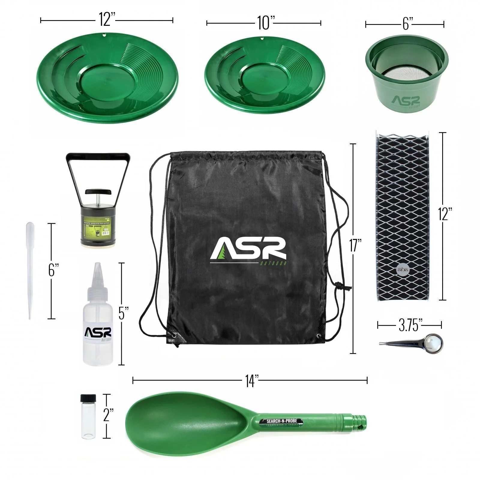 14pc ASR Outdoor Portable  Gold Panning Kit with Drawstring Backpack and 12 Inch Mini Sluice Box