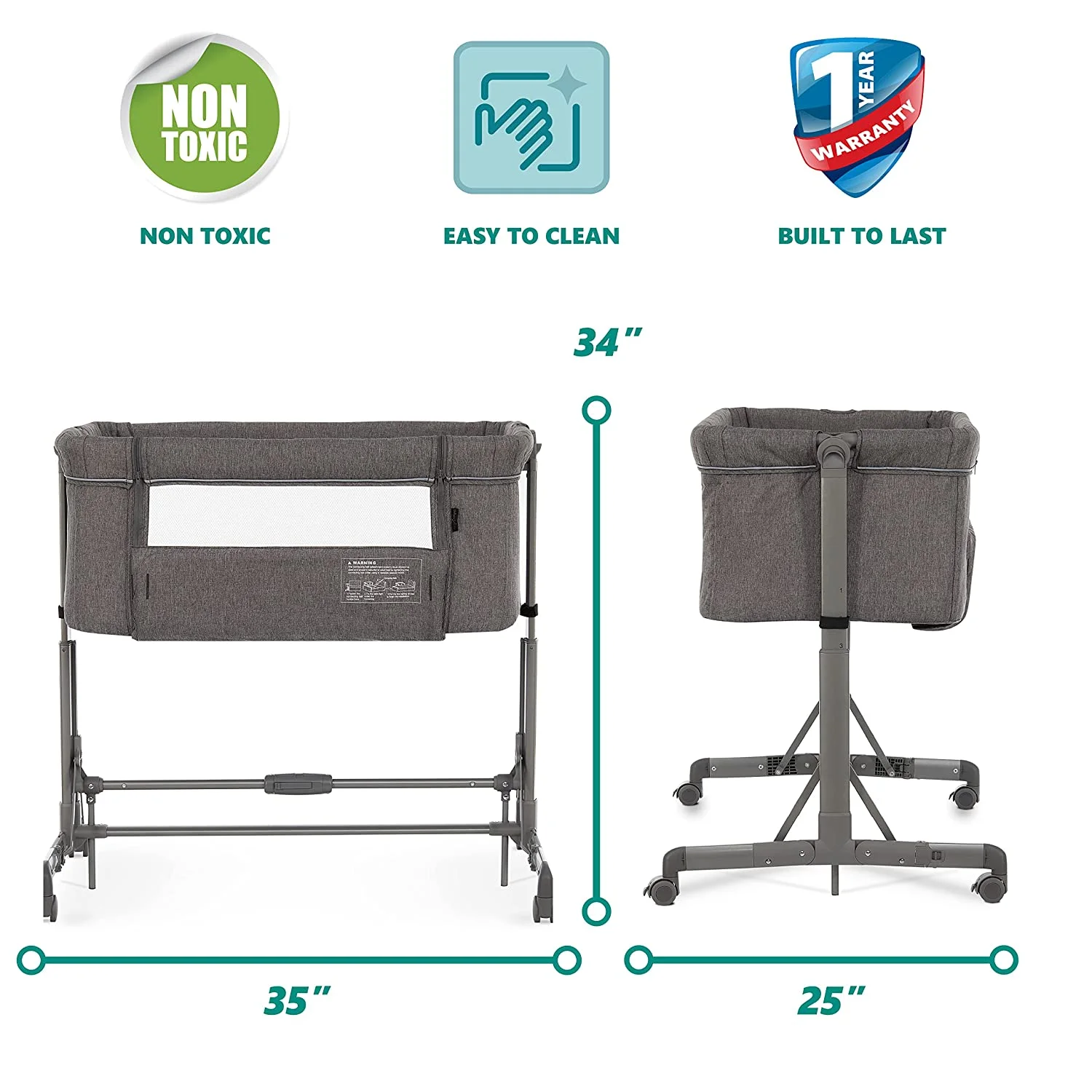 Dream On Me Zimal Bassinet Bedside Sleeper Dark Grey, Breathable Panel, Lightweight, JPMA Certified