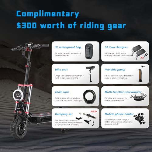 BOYUEDA S5 Adult Off-Road Electric Scooter, 11-inch All-Terrain Vacuum Tires, 60V6000 Watt Dual Motor/Dual Suspension, 55 MPH Top Speed, 38 Amp Li-Ion Battery, 80 Mile Range, Folding Body with Seat