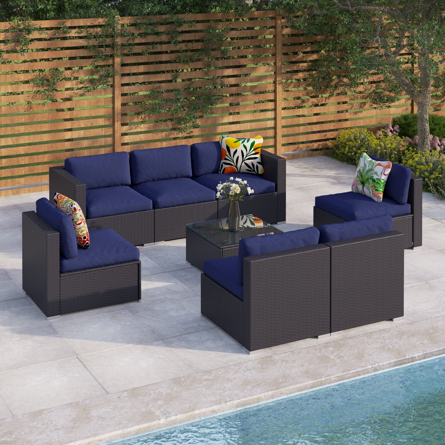 PHI VILLA Outdoor Rattan Wicker 8-piece Patio Furniture Sectional Sofa Conversation Set - 8-Pieces Sets Blue