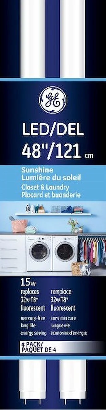 (4 tubes) GE 93119368 T8 LED Tube Type A, 48 inch, 15 watt, 1800 lumens, 5000K Sunshine Cool White, fast and easy LED upgrade for 4-ft T8 fluorescent lamp,