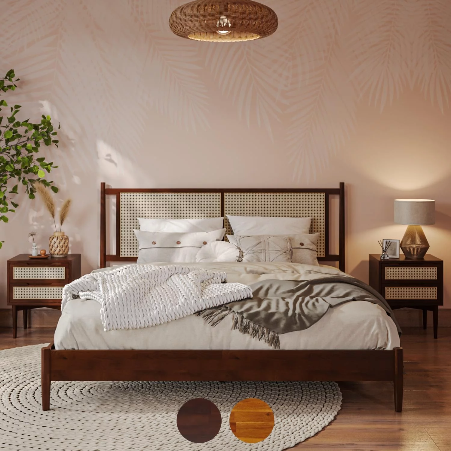 Bme Oliver 15 Inch Signature Bed Frame with Rattan Headboard - Bohemian & Mid Century Style - Acacia Wood - 12 Strong Wood Slat Support - Easy Assembly - No Box Spring Needed - Walnut, King