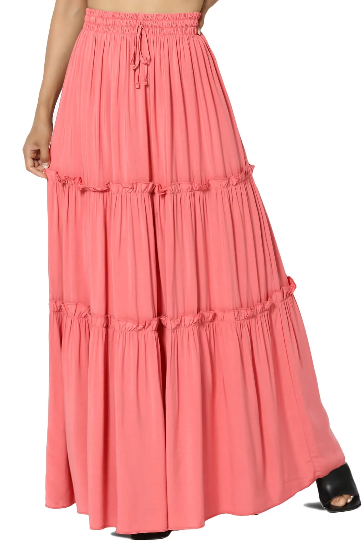 TheMogan Women's Ruffle Tiered Woven Drawstring Elastic High Rise A-Line Long Maxi Skirt