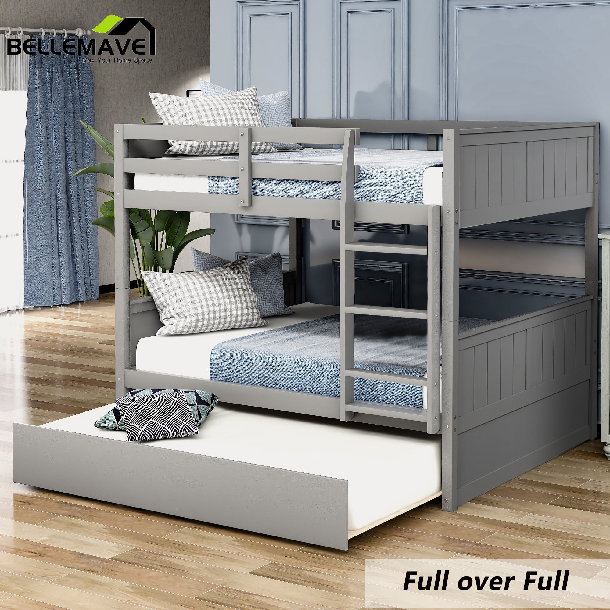 BELLEMAVE Full Over Full Bunk Bed, Wood Bunk Bed Frame with Twin Trundle, Fence Shaped Guardrails, Ladder, Headboard, Convertible into 2 Bed, Full Bunk Bed for Adult, Teens, Kids(Gray)