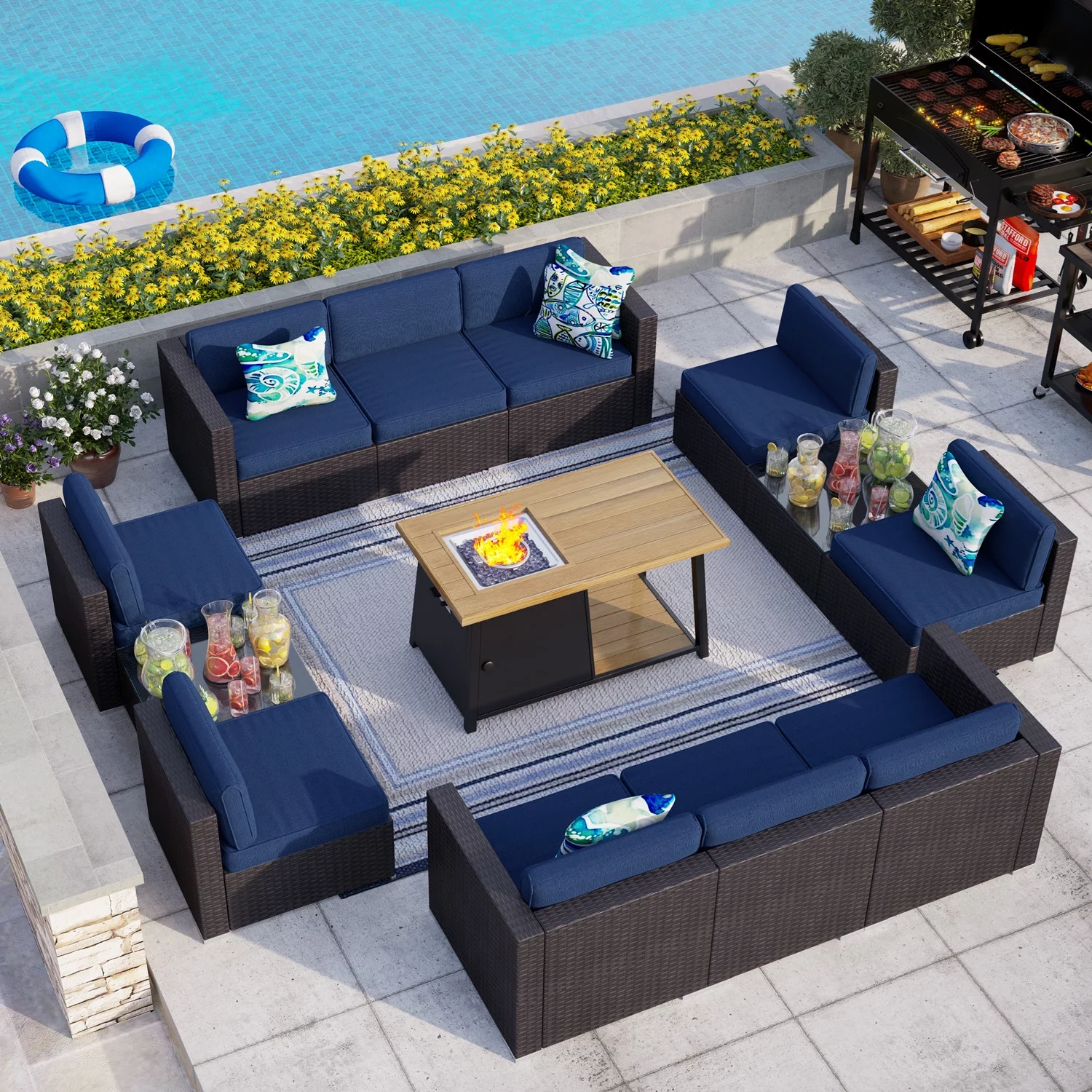 MF Studio 13 Pieces Outdoor Patio Furniture Set with 46-Inch 50,000 BTU Fire Pit Table Patio Conversation Set with Navy Blue Cushions